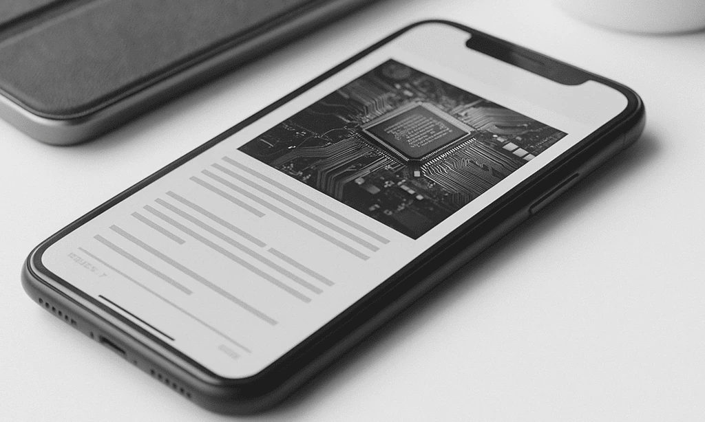 Smartphone on a desk displaying a blog article with a microchip image