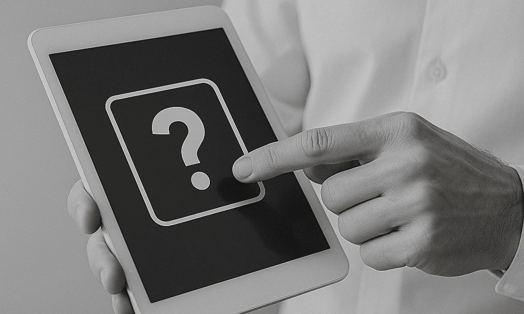 Person holding a tablet and tapping a screen showing a question mark icon.