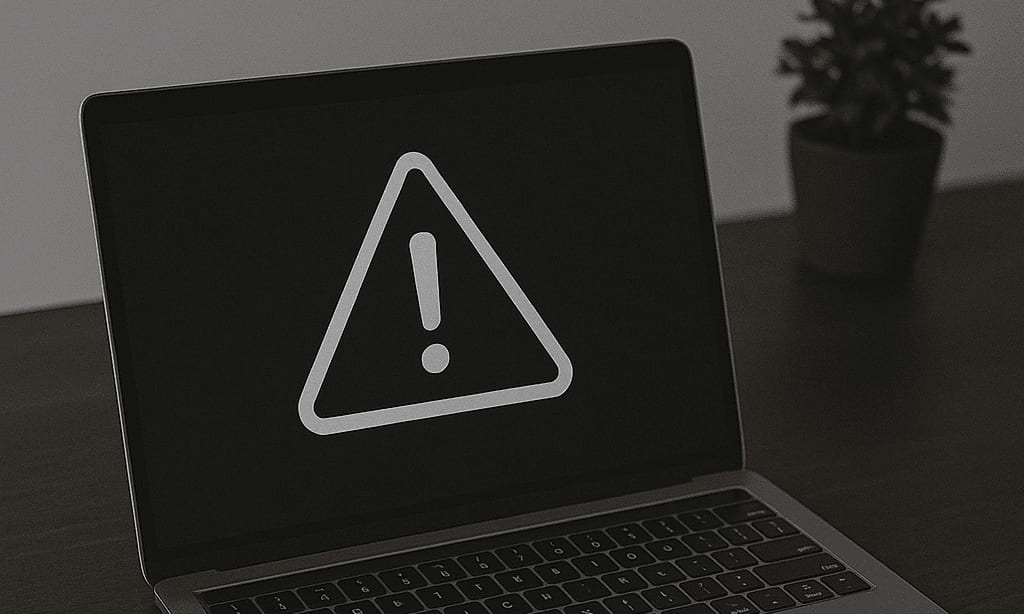 Laptop on a desk displaying a warning triangle with an exclamation mark