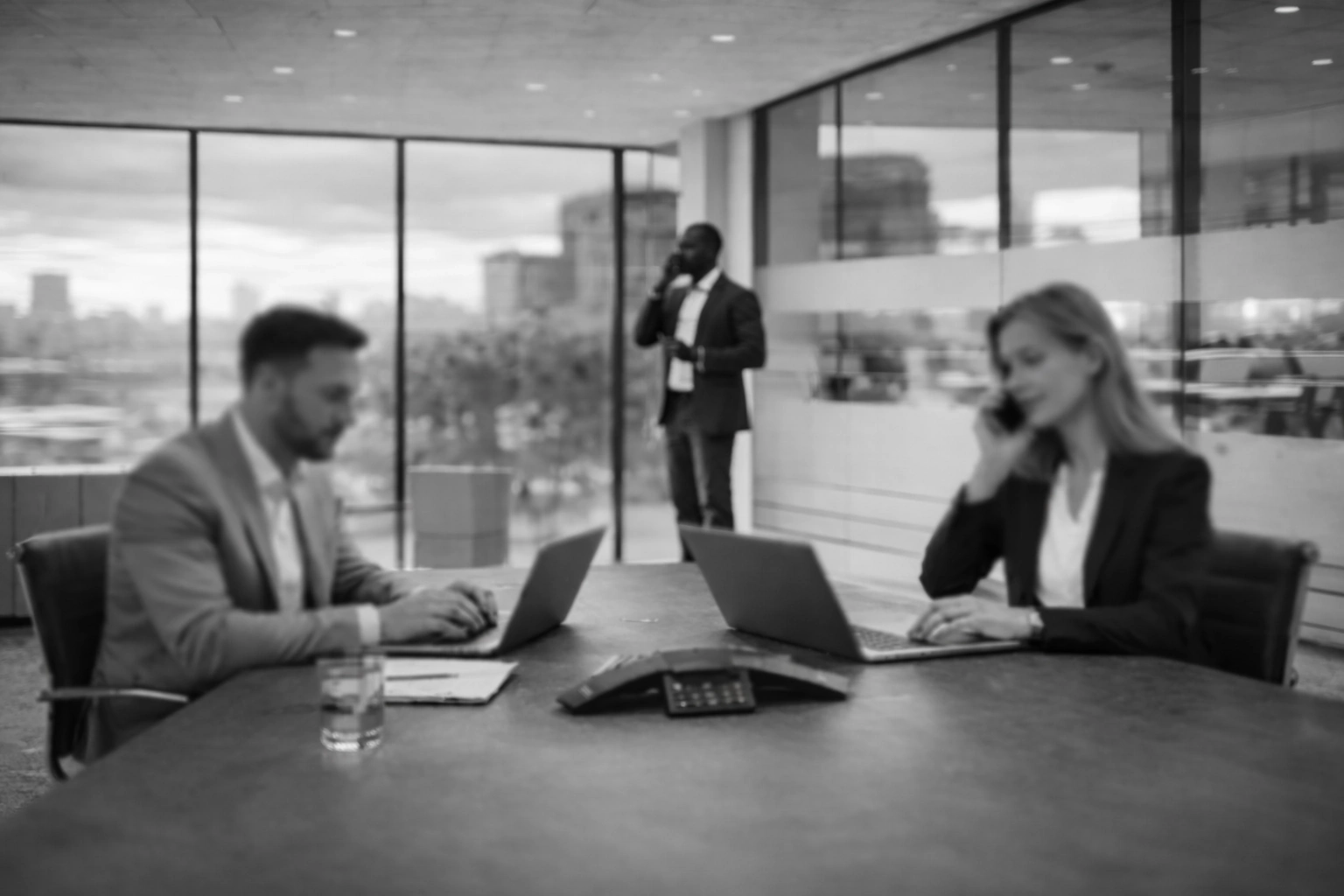 staff in board room using laptops